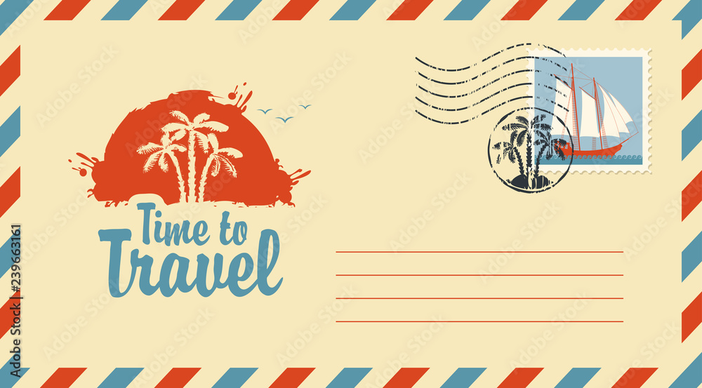 Postal envelope with postage stamp and postmark in retro style. Illustration on the theme of travel with the scenery of the Islands, palm trees at sunset and a calligraphic inscription Time to travel