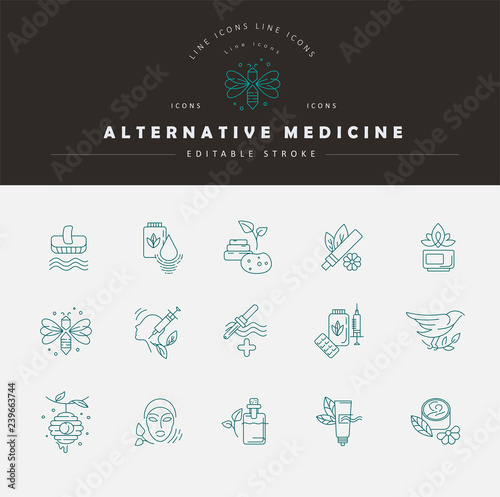 Vector icon and logo for alternative medicine. Editable outline stroke size. Line flat contour, thin and linear design. Simple icons. Concept illustration. Sign, symbol, element.