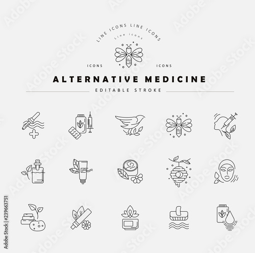 Vector icon and logo for alternative medicine. Editable outline stroke size. Line flat contour, thin and linear design. Simple icons. Concept illustration. Sign, symbol, element.