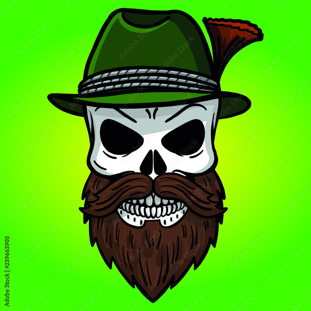 hand drawn skull with traditional hat. Vector, bavaria, beard, mexico, wings, isolated, horror.