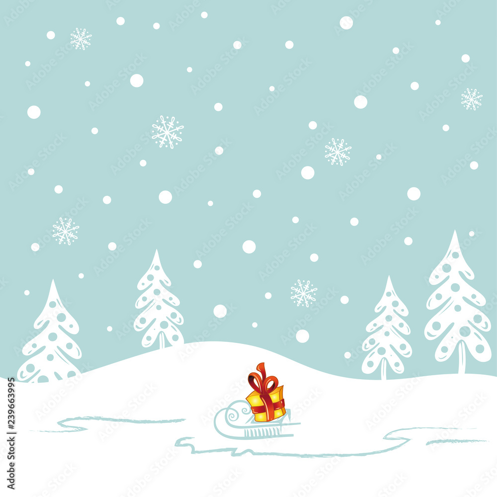 Tolle Winterlandschaft mit Schlitten, Geschenk, Schnee, Schneeflocken,  Tannenbäumen und Sternen. Winter, Eis und Schnee. Tolles Design für  Weihnachten, Advent, Nikolaus und Winter. Stock Vector | Adobe Stock