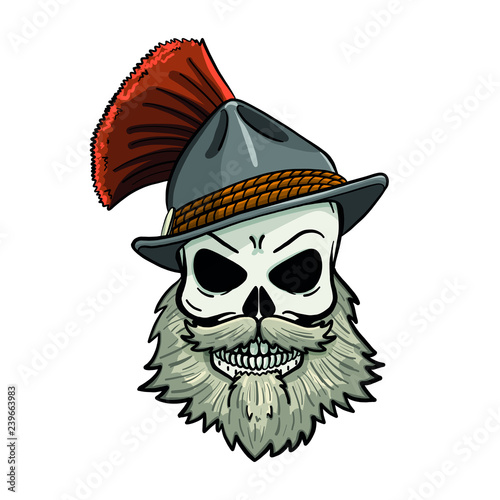 hand drawn skull with traditional hat. Vector, bavaria, beard, mexico, wings, isolated, horror.
