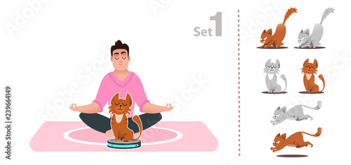 Cat plays with a vacuum cleaner, rides a smart vacuum cleaner, hunts moving household appliances. Set of cat poses. Kitten plays, jumps on a smart vacuum cleaner. Isolated set gray and red cats