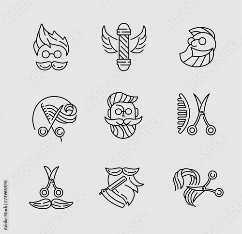 Vector icon and logo for barbershop and beauty saloon . Editable outline stroke size. Line flat contour, thin and linear design. Simple icons. Concept illustration. Sign, symbol, element.