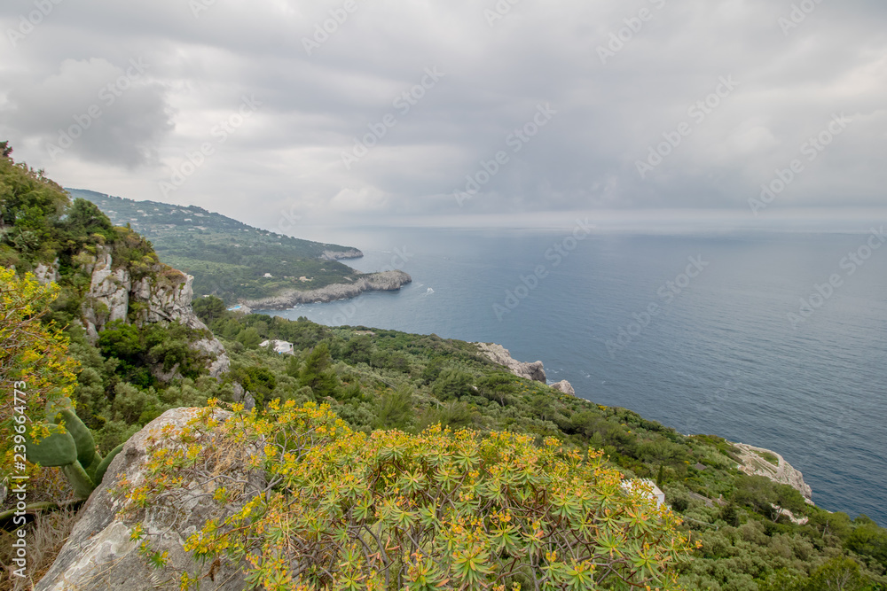 Fototapeta premium Die steinige Westküste der Insel Capri mit ihrem wunderschönen Wanderpfad und einigen kleinen Festungsruinen.