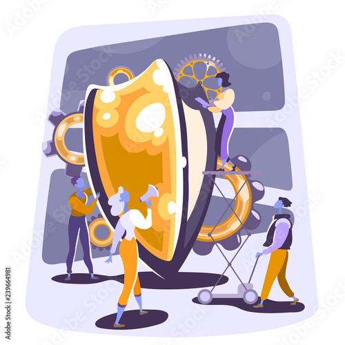 Safety and data protection concept. Group of business people working together around shield. Safe customer service. Vector Illustration.