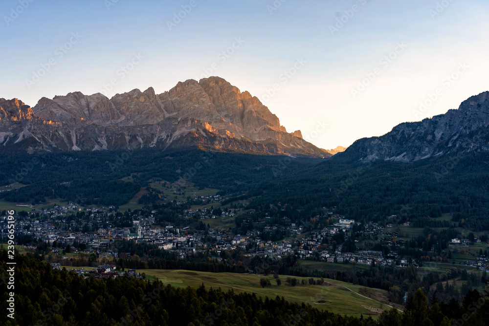 Great sunrise scene of Dolomite Alps, Cortina d'Ampezzo, southern Alps in the Veneto region of Northern Italy, Europe. Scenic view of majestic mountains in autumn time.