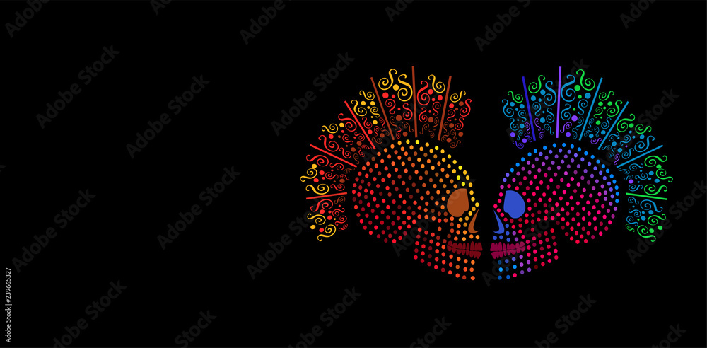 Punk skull icon with dots and ornament details halftone neon orange and pink 