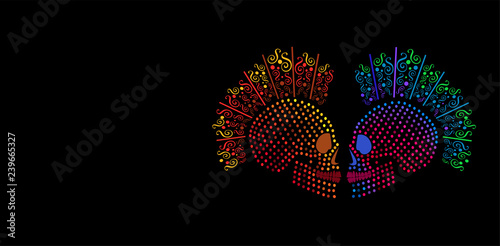 Punk skull icon with dots and ornament details halftone neon orange and pink 