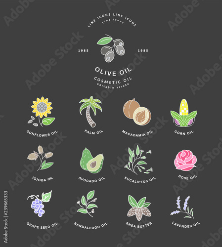 Vector icon and logo for natural cosmetics oil care dry skin. Editable outline stroke size. Line flat contour, thin and linear design. Simple icons. Concept illustration. Sign, symbol, element.