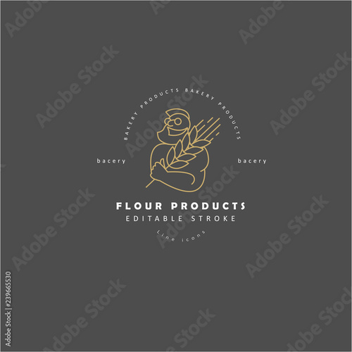 Vector icon and logo for natural flour product and bacery. Editable outline stroke size. Line flat contour, thin and linear design. Simple icons. Concept illustration. Sign, symbol, element.