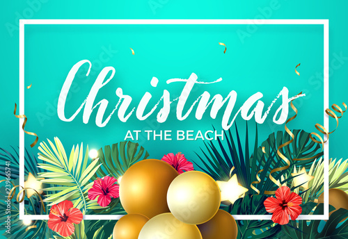 Tropical Christmas on the beach design with monstera palm leaves, hibiscus flowers, xmas balls, gold glowing stars and light bulbs, vector illustration.