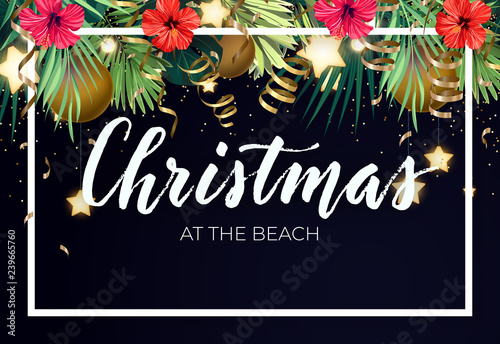 Tropical Christmas on the beach design with monstera palm leaves, hibiscus flowers, xmas balls, gold glowing stars and light bulbs, vector illustration.