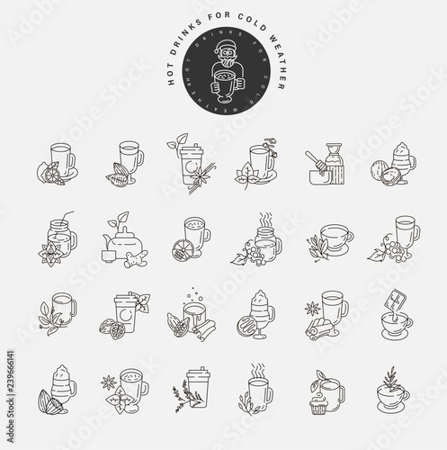 Vector icon and logo hot drinks for cold weather, merry Christmas and Happy New Year . Editable outline stroke size. Line flat contour, thin and linear design. Simple icons. Concept illustration. Sign