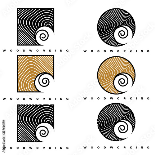 illustration consisting of six different images of a piece of wood and the inscription "woodworking" in the form of a symbol or logo