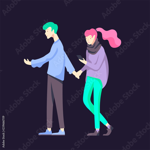 Vector people character walking on the street in autumn or winter clothes, friends and couples. Colorful flat cartoon characters