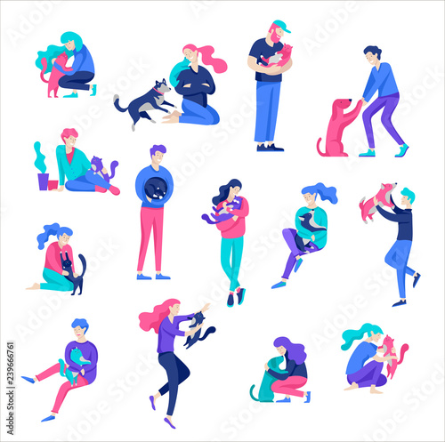 Vector character. Happy people with their pets, cat and dog love their owners. Colorful flat concept illustration.