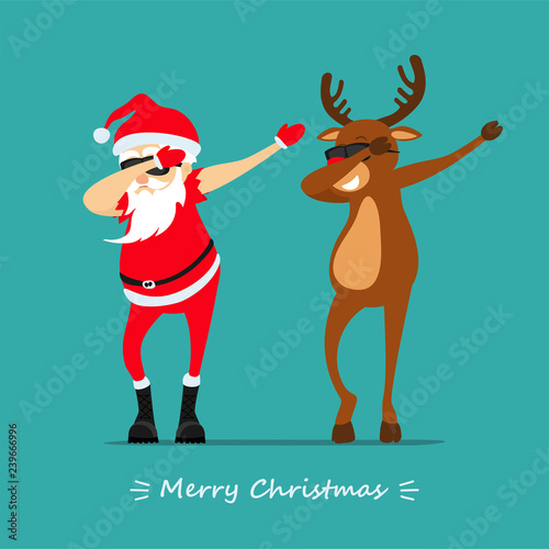 Merry Christmas! Santa Claus and deer dancing dab move. Greeting Christmas card 2019