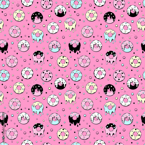 Donuts with pink, chocolate, lemon, blue mint glaze falling on pink background. Splashes of colored glaze and colored sprinkles. Seamless pattern