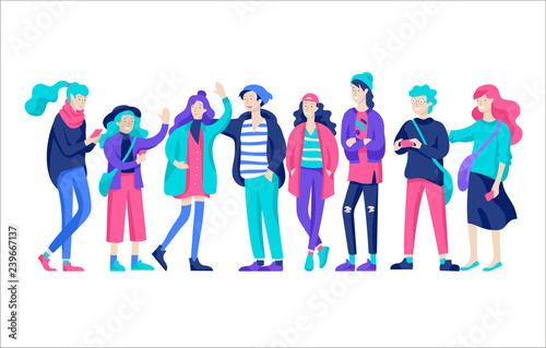 Vector people happy friends character. Group of teenagers in winter or autumn trendy clother, with gadgets are walking and chatting. Colorful flat concept illustration.