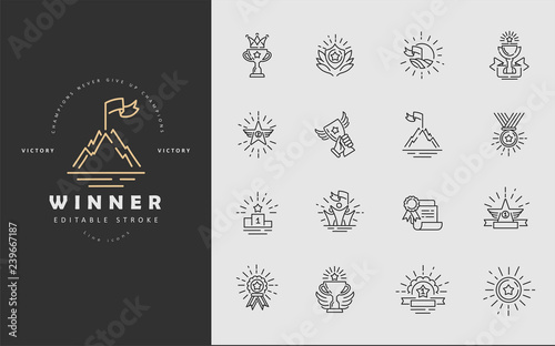 Vector icon and logo winner and champion. Editable outline stroke size. Line flat contour, thin and linear design. Simple icons. Concept illustration. Sign, symbol, element.