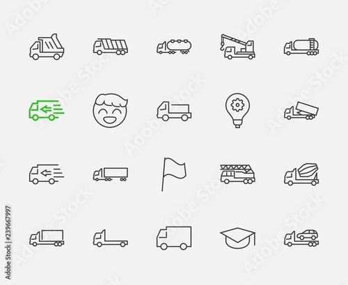 Truck Set of Transport Vector Line Icons. Contains such Icons as Truck, Transportation, Tow Truck, Cranes, Mixer, Garbage Truck, Manipulators, Delivery service and more. Editable Stroke. 32x32 Pixel