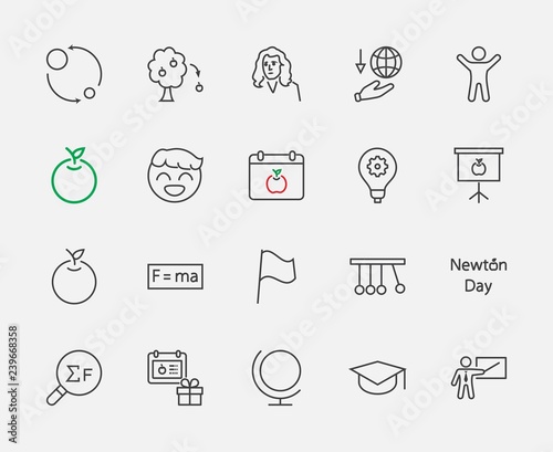 Newton's Day Set Line Vector Icon. Contains such Icons as Newton, Laws of physics and gravity, Flying Apple, Calendar, Teacher, blackboard and projector Editable Stroke. 32x32 Pixel Perfect