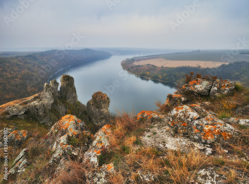 picturesque canyon of the Dniester River. autumn morning in national park