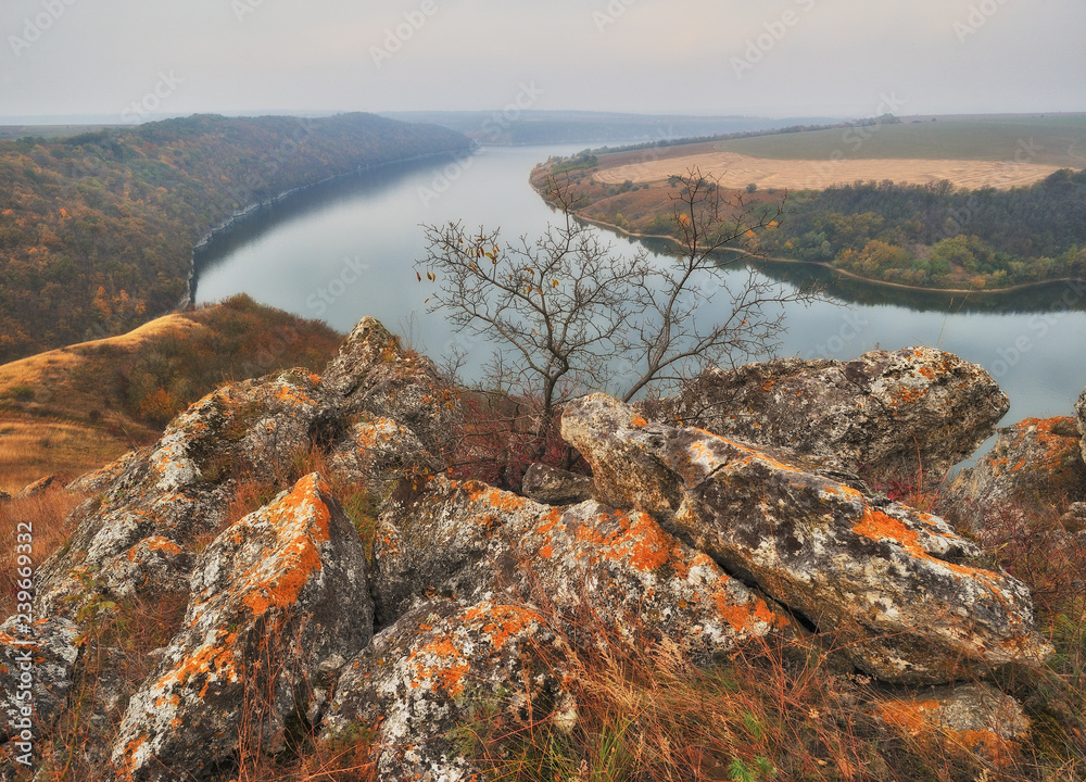 Obraz premium picturesque canyon of the Dniester River. autumn morning in national park