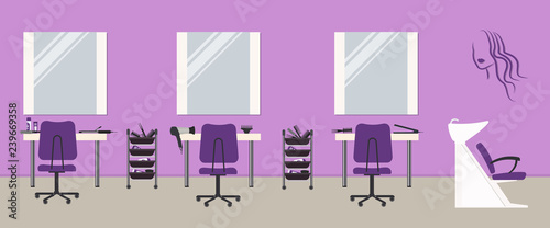 Hair salon interior in a purple color. Beauty salon. There are tables, chairs, a bath for washing the hair, mirrors, hair dryer in the image. There is also woman's silhouette on the wall. Vector