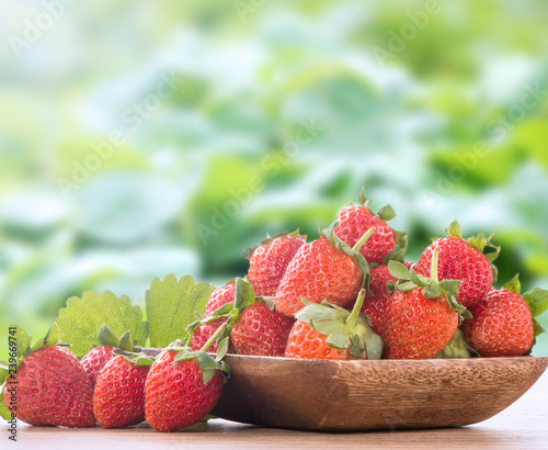 A plate of beautiful strawberries isolated on wooden background  close up  macro.