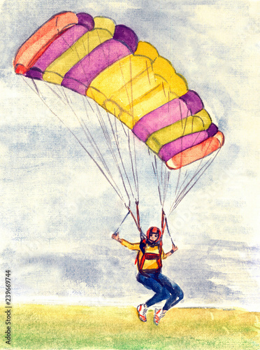 Valokuva Parachutist on a bright colorful parachute, sky and earth landscape in soft colo