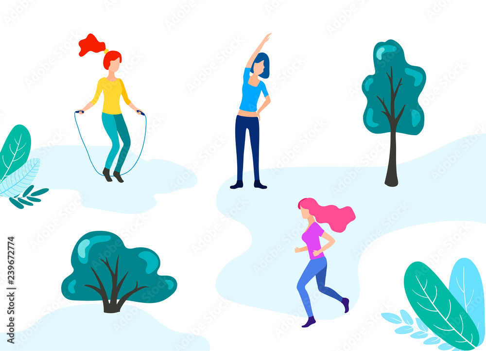 Group of young people performing sports activities at park -running, jumping rope, fitness, gymnastics exercises, jogging. Outdoor workout. Flat vector illustration of woman, girls outdoor activity