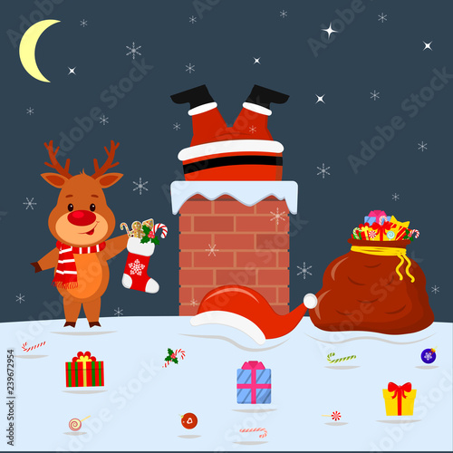 A cute deer is standing on the roof of the house and holding a sock with gifts. Santa Claus legs sticking out of the pipe at home. Red bag with gifts, candy on the snow at night. Cartoon style, vector