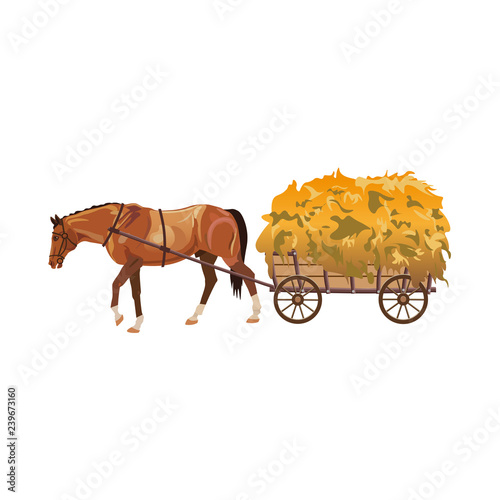Horse with cart full of hay.