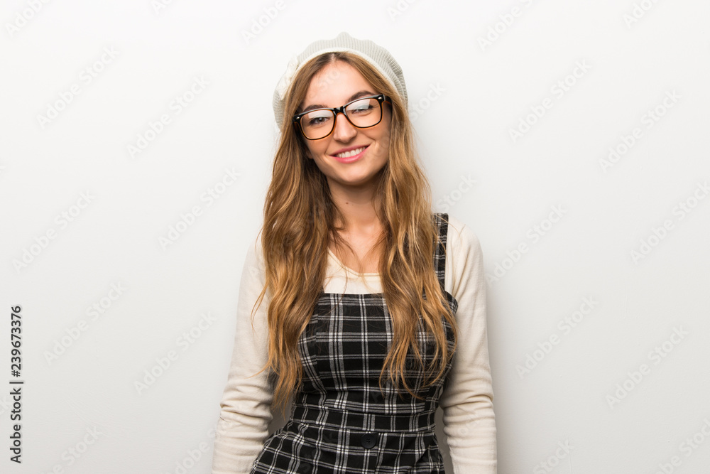 Fashionably woman wearing hat with glasses and happy