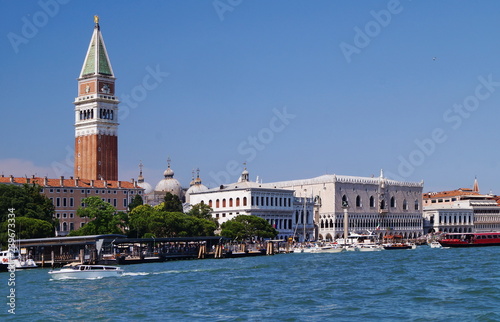 View of Venice from Grand Canal with bell tower of San Marco, Italy