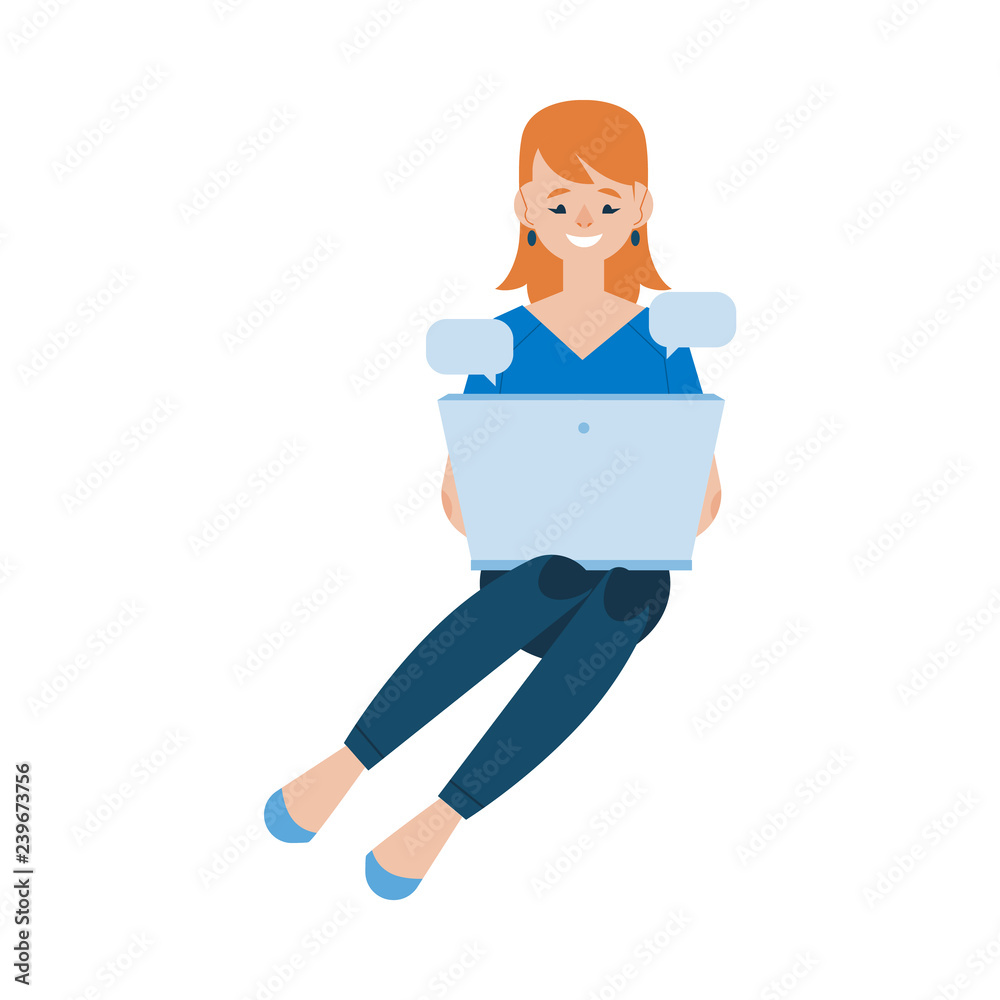 Cartoon social communication concept with young girl, woman sitting with laptop at knees behind device taping, chatting, sending messages. Vector illustration Cartoon social communication concept with young girl, woman sitting with laptop at knees behind device taping, chatting, sending messages. Vector illustration