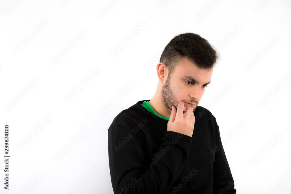 worried, nice and modern young with beard isolated on white background worried, nice and modern young with beard isolated on white background