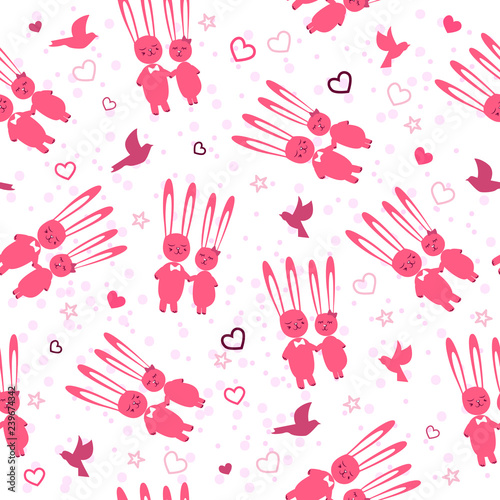 Rabbits in love. Enamored funny rabbits on a date. Colored seamless pattern for Valentines Day materials