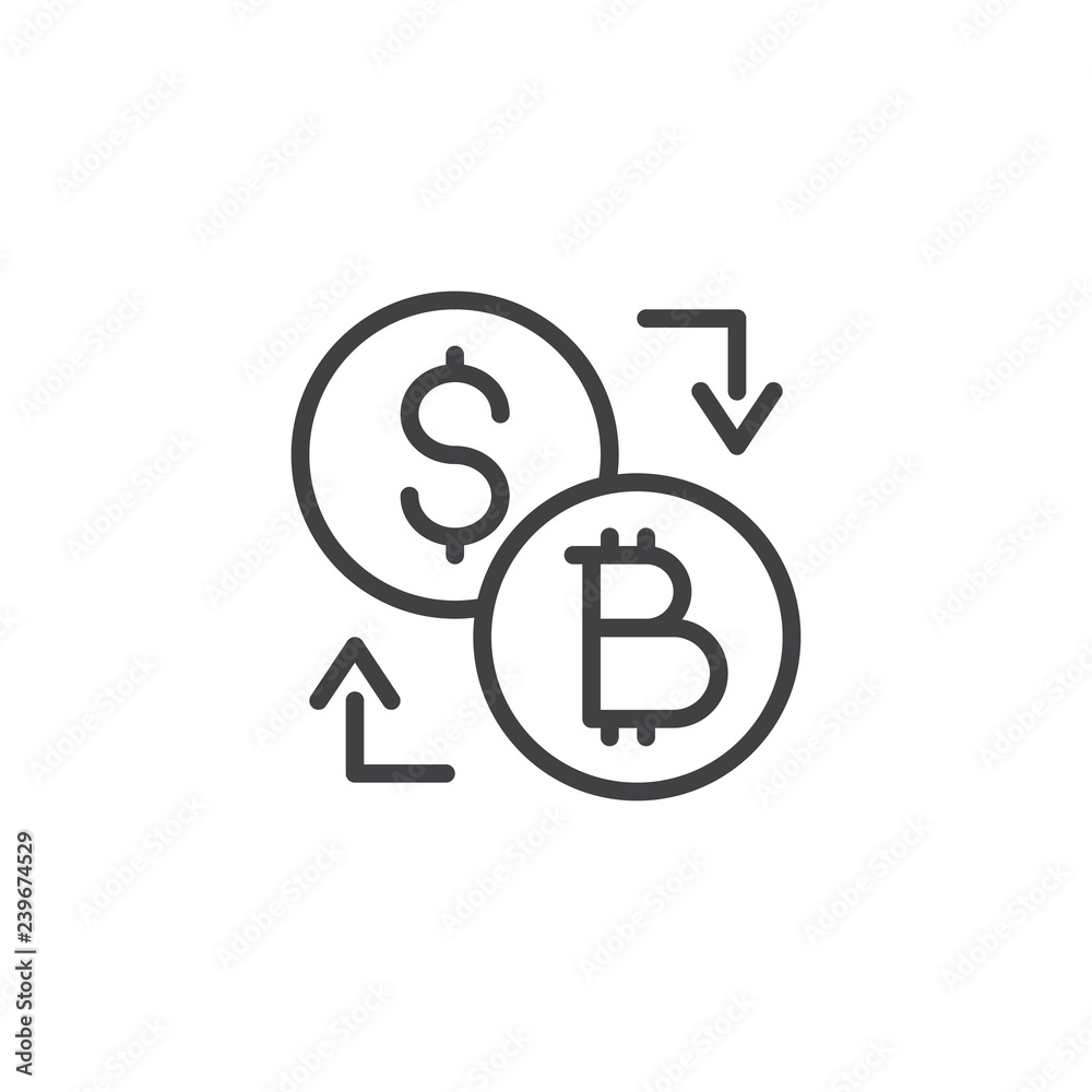 Bitcoin dollar exchange outline icon. linear style sign for mobile concept and web design. Dollar and bitcoin coins and arrows simple line vector icon. Symbol, logo illustration. Pixel perfect vector Bitcoin dollar exchange outline icon. linear style sign for mobile concept and web design. Dollar and bitcoin coins and arrows simple line vector icon. Symbol, logo illustration. Pixel perfect vector