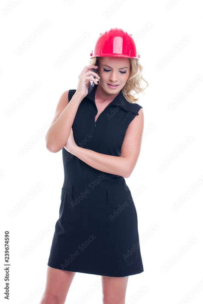 Happy young construction manager woman calling isolated Happy young construction manager woman calling isolated