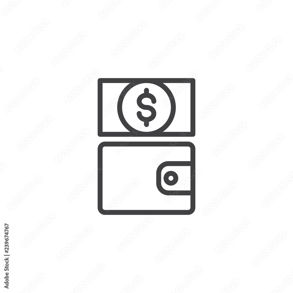 Wallet and dollar bill outline icon. linear style sign for mobile concept and web design. Cash money purse simple line vector icon. Symbol, logo illustration. Pixel perfect vector graphics Wallet and dollar bill outline icon. linear style sign for mobile concept and web design. Cash money purse simple line vector icon. Symbol, logo illustration. Pixel perfect vector graphics