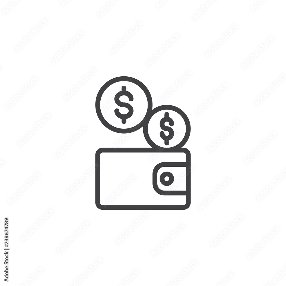 Dollar wallet money outline icon. linear style sign for mobile concept and web design. Wallet and dollar coins currency simple line vector icon. Symbol logo illustration. Pixel perfect vector graphics Dollar wallet money outline icon. linear style sign for mobile concept and web design. Wallet and dollar coins currency simple line vector icon. Symbol logo illustration. Pixel perfect vector graphics