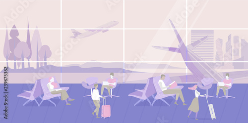 People sitting and walking in Airport interior waiting hall with aircraft, airplane. Passenger seats in departure lounge modern terminal. Business, travel concept. Flat Vector Illustration.
