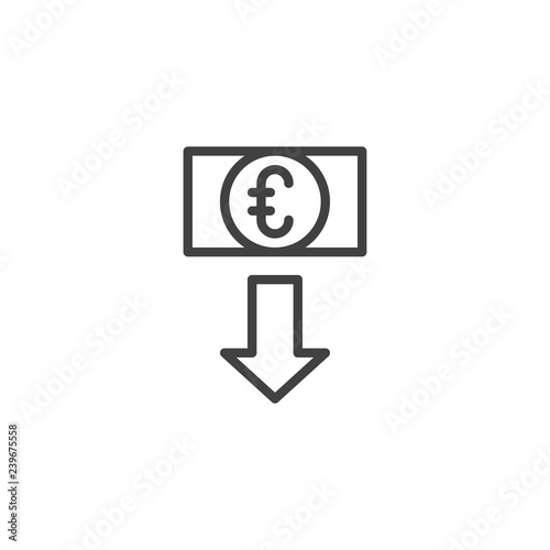 Euro exchange rate outline icon. linear style sign for mobile concept and web design. Euro money with down arrow simple line vector icon. Symbol, logo illustration. Pixel perfect vector graphics