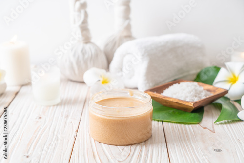 Spa treatments set on wooden background