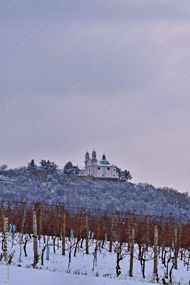 Fototapeta premium Leopoldsberg koło Wiednia pokryte śniegiem