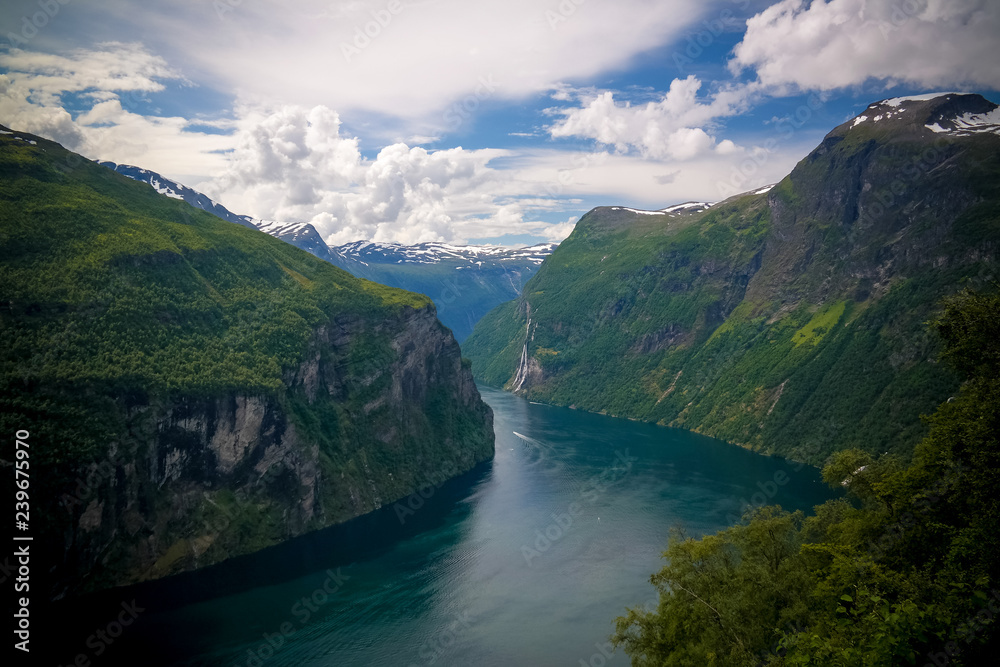 Aerial panorama view to Geiranger fjord from Trollstigen, Norway