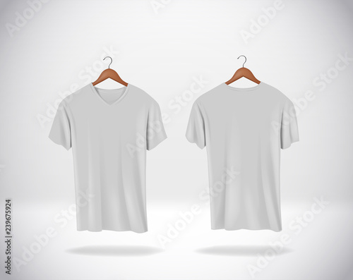 Gray T-Shirts Mock-up clothes with V neck hanging isolated on wall, blank front and rear side view.